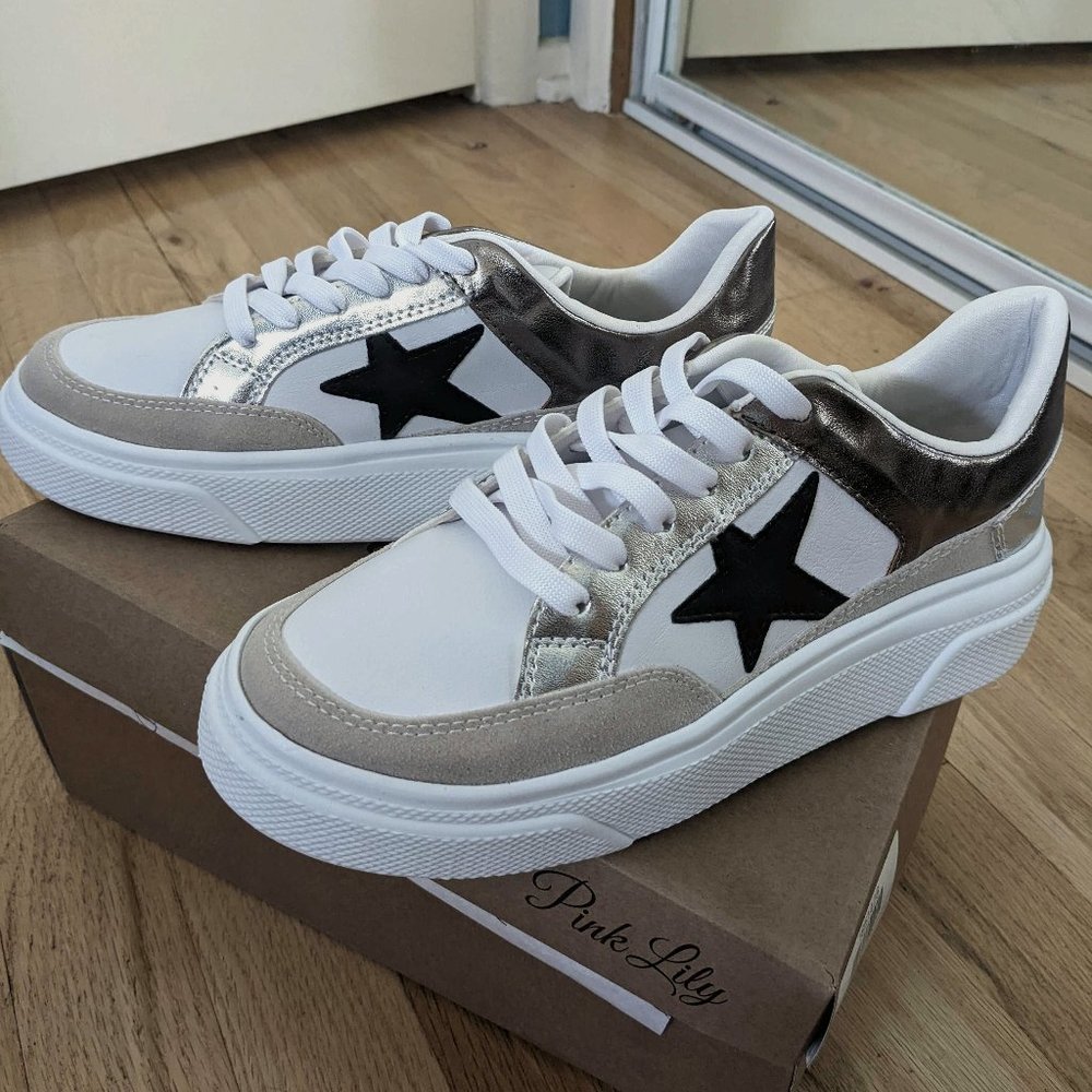 Pink Lily Pewter And Black Star Platform Sneakers